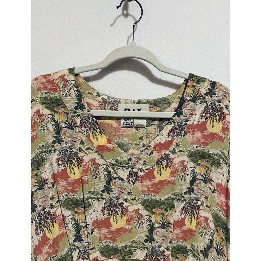 Flax Dress Womens Small Tropical Floral Hawaiian Pleated V Neck Maxi Boho Aloha - Picture 2 of 6